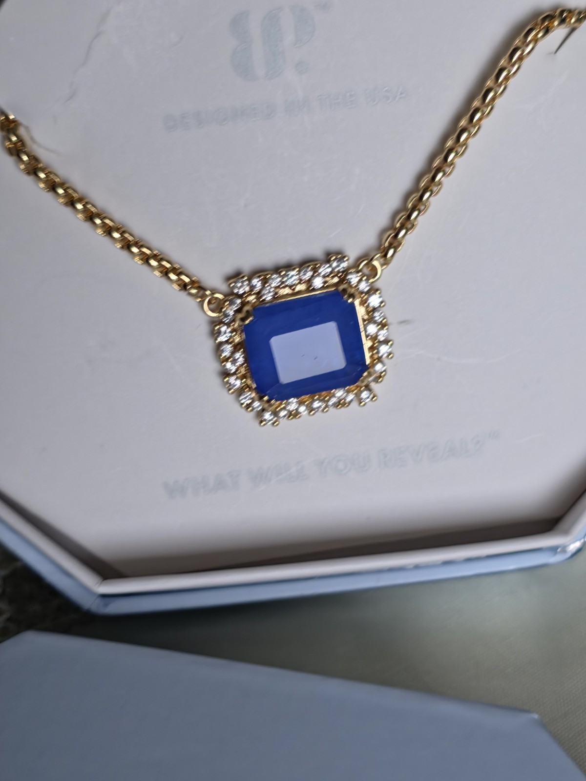 BP NK33575 Lab-Created Blue Quartz CZ Halo Necklace Gold Plated 18″ Adj