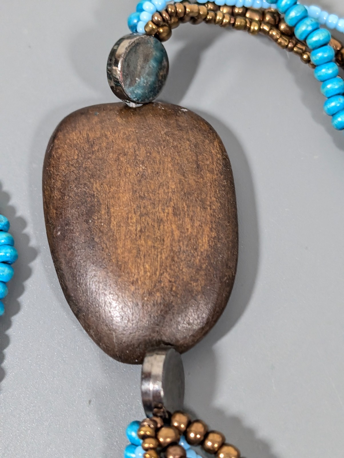 Beachy Boho Tribal Blue Bronze tone Multi Strand Bead Long Necklace 36 in