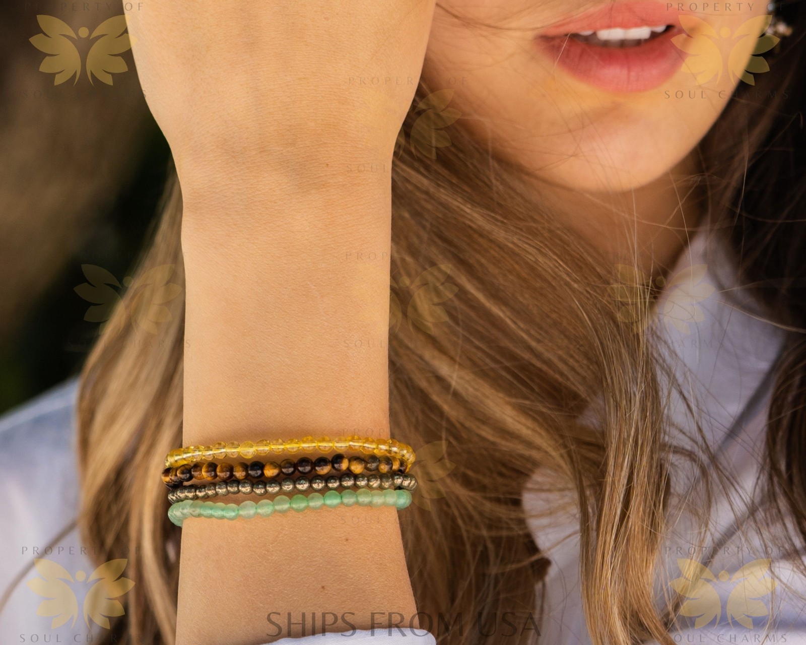 Crystal Gemstone Bracelet Set Pyrite Citrine Free Ship US