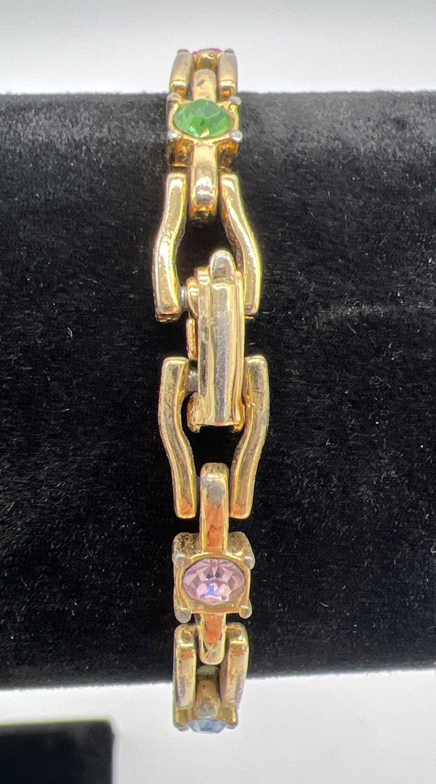 Gold-Tone Link Bracelet With Multicolor Gemstones & Fold-Over Clasp 7 Inches