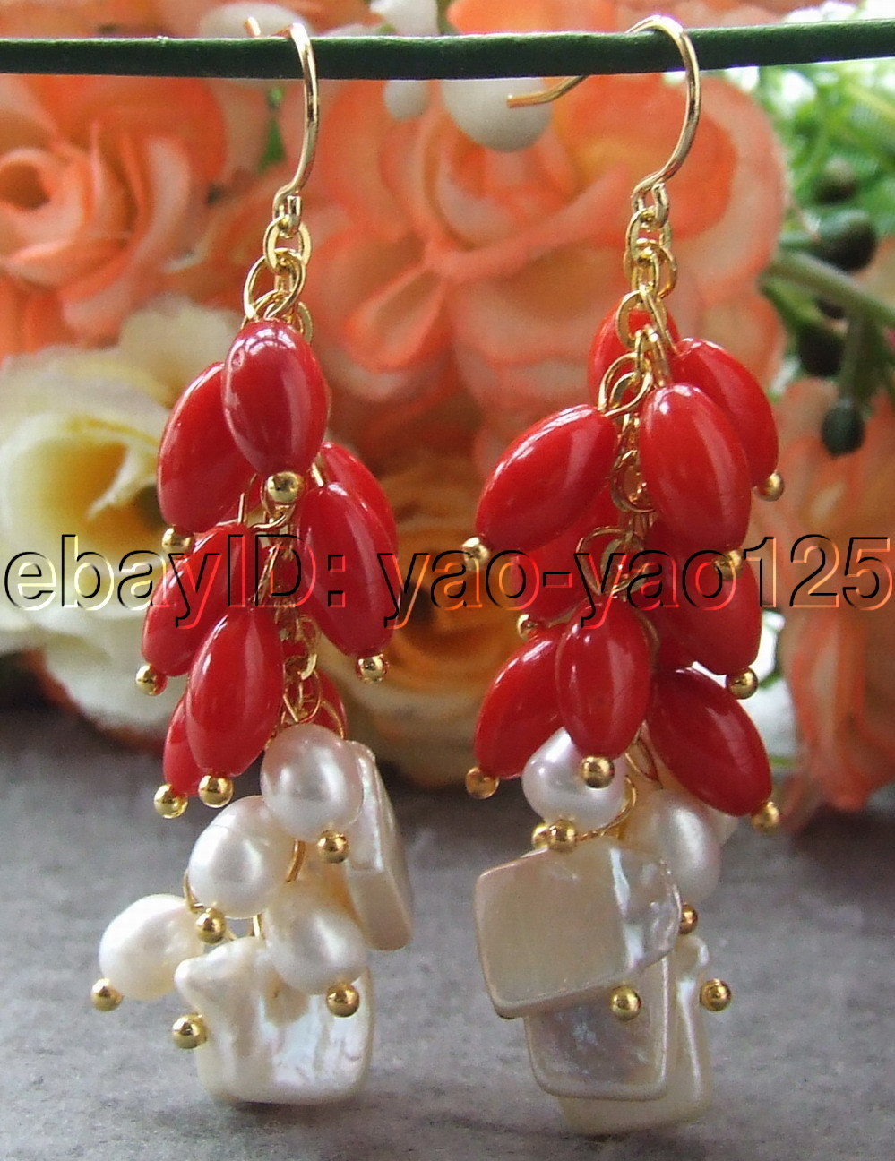 White Pearl Red Coral Earrings gold plated hook Earrings
