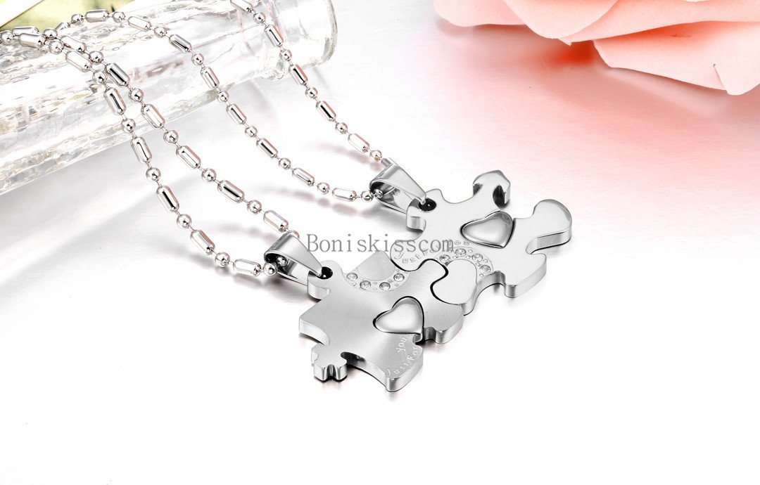 His and Hers Stainless Steel Love Heart Puzzle Pendant Couple Necklaces 1 Pair
