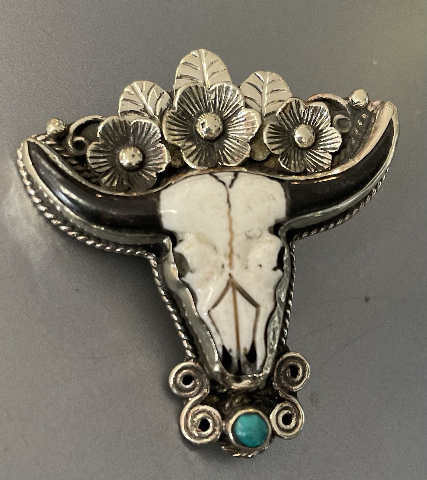 Western bone Steer Skull with Floral accent with Turquoise necklace slide