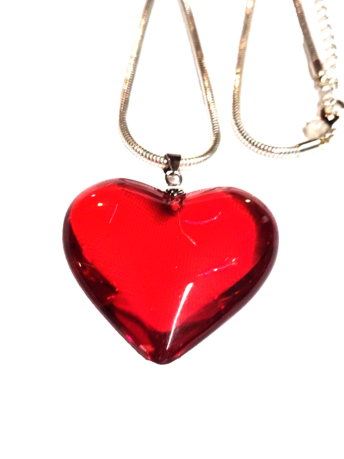 Large Red Heart Love Silver Tone Pendant Necklace Y2K Style Statement 20″ Retro