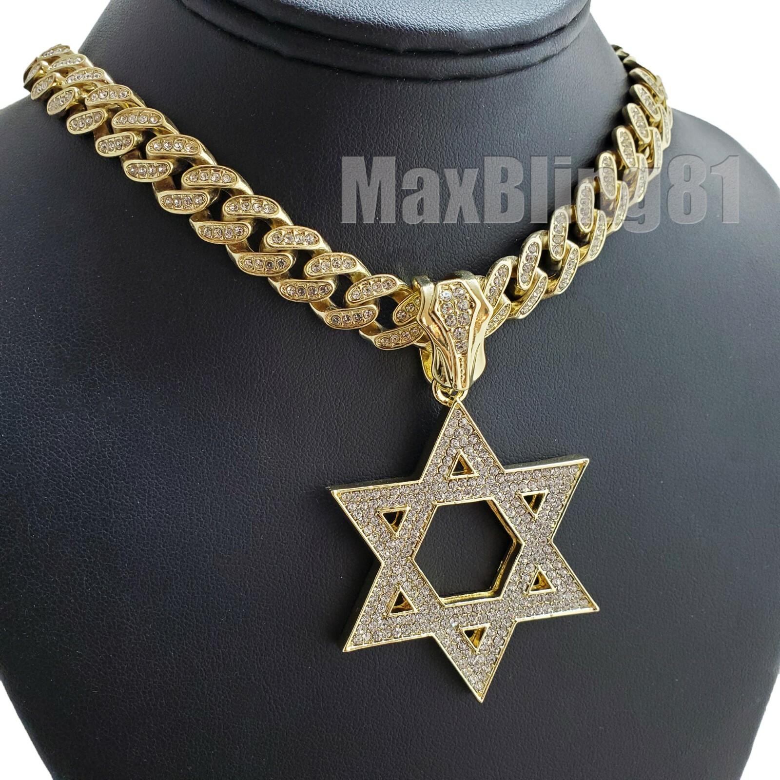 Gold Plated Alloy Star of David Charm & Iced Cuban Cubic Zirconia Chain Necklace