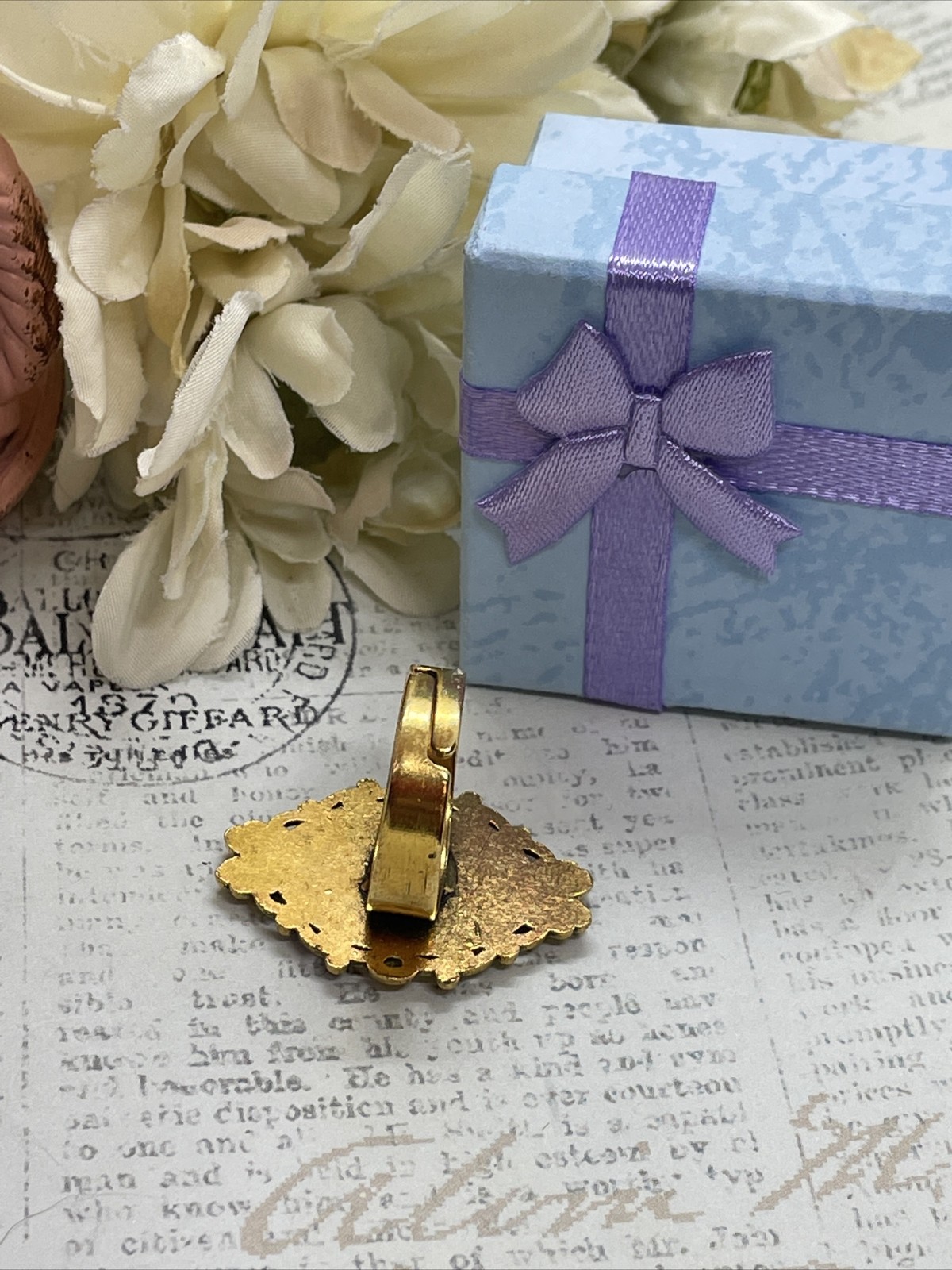 gold Dragonfly Blue White Cameo Nature Renaissance Gift Ring Adjustable Festival
