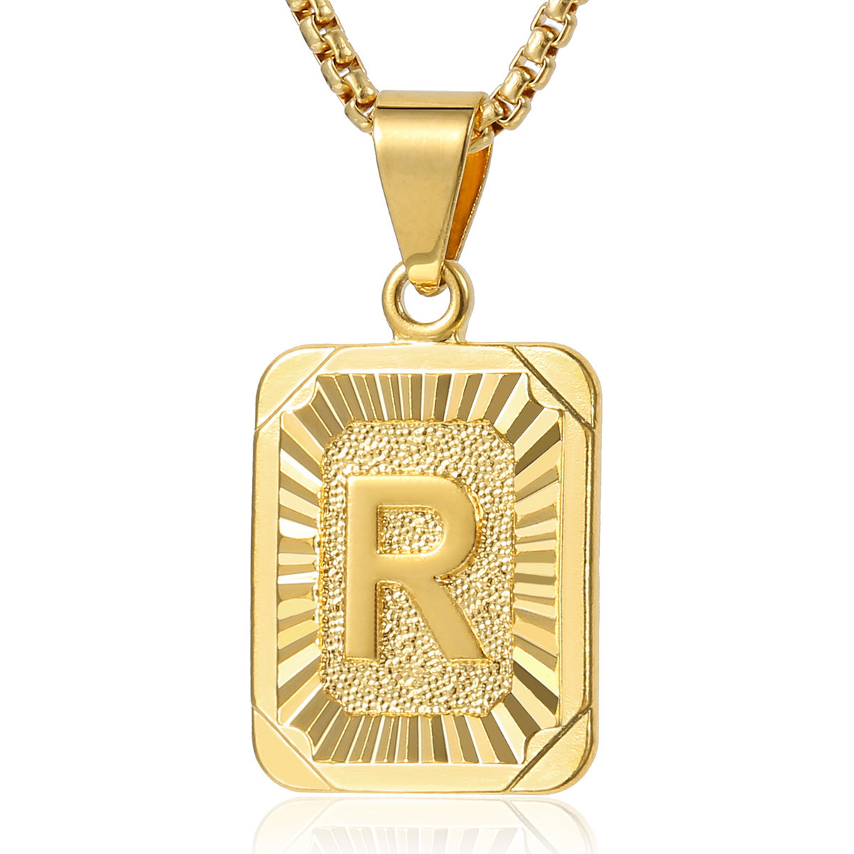 Yellow Gold Plated Stainless Steel Initial Letter A-Z Pendant Necklace Box Chain