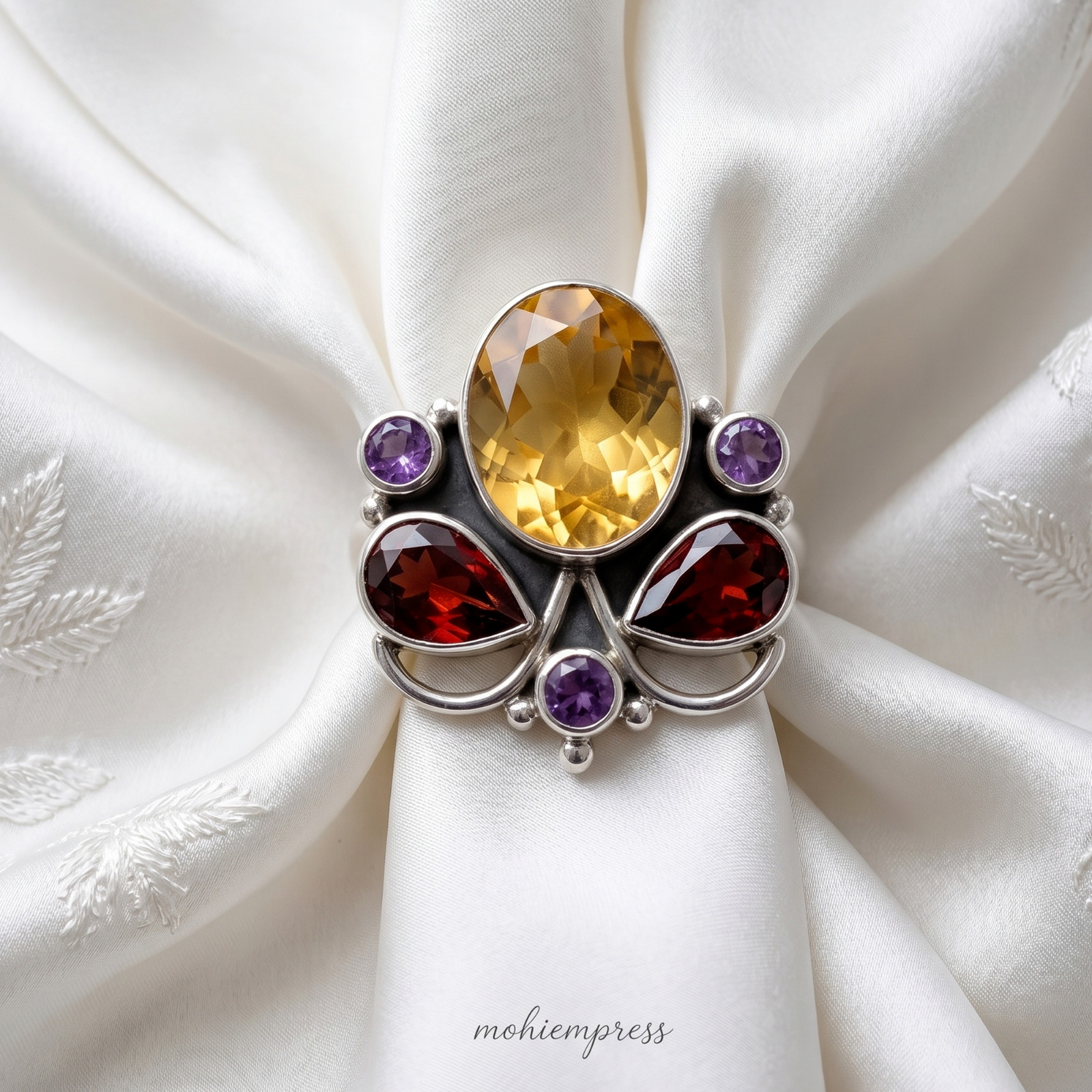 925 Sterling Silver Natural Multi-Stone Bee Ring, Handmade Jewelry