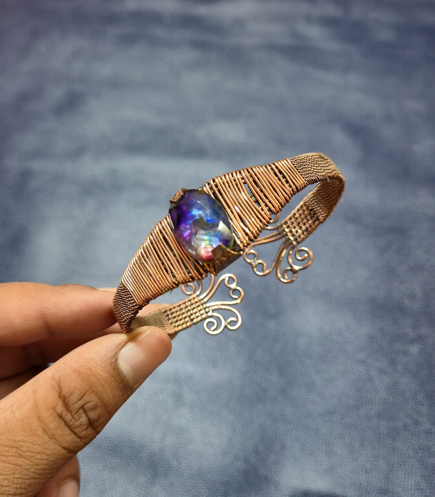 Fire Ammolite Bangle Copper Wire Wrapped Cuff Bracelet Adjustable Bangle
