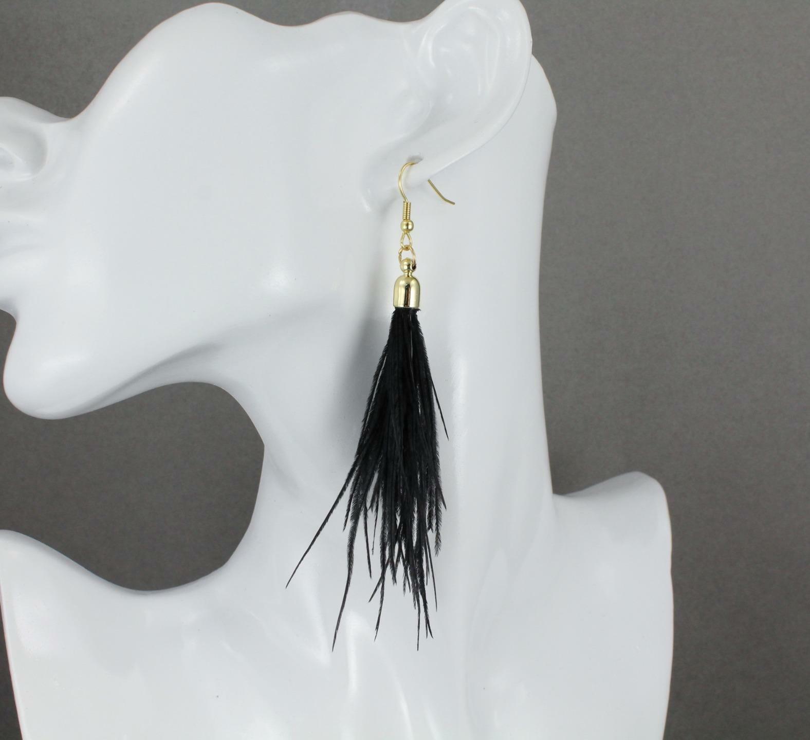 Black feather earrings dangle 4″ long lightweight shoulder duster tassel fringe