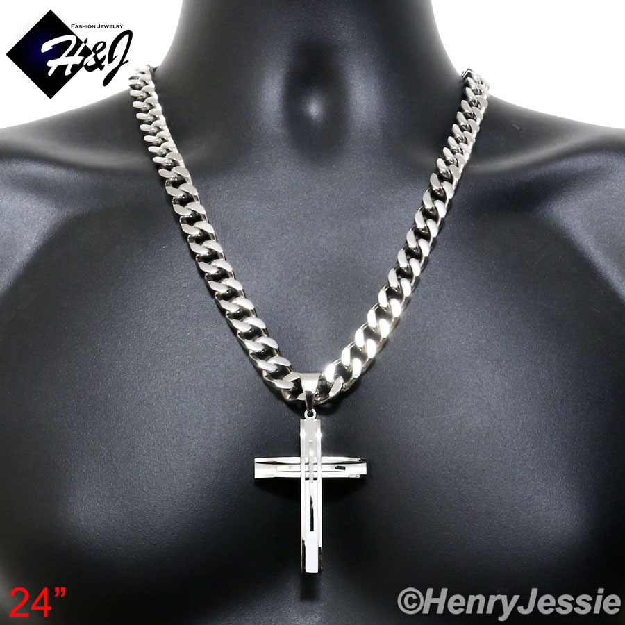24″MEN Stainless Steel 11x5mm Silver Cuban Curb Chain Necklace Cross Pendant*A11