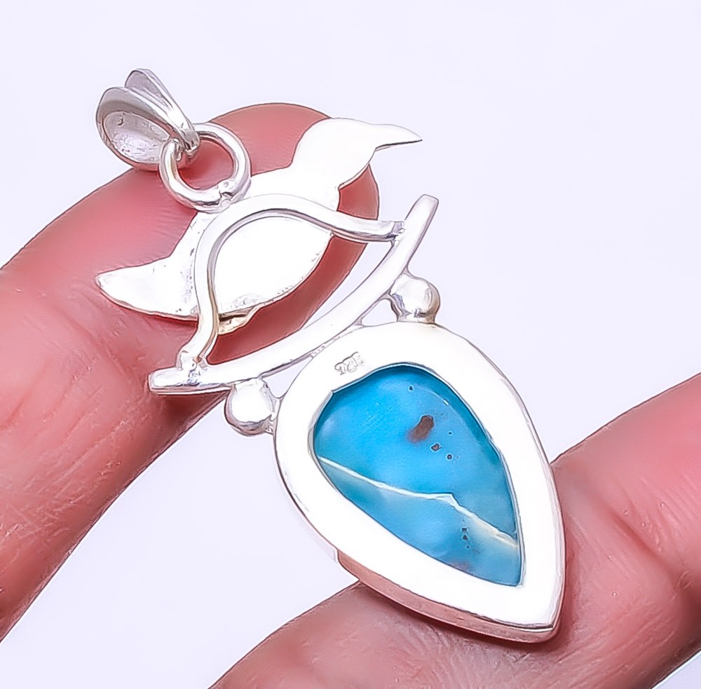 Larimar – Artistic 925 Sterling Silver Gold Plated Bird Pendant 1.79″ A320