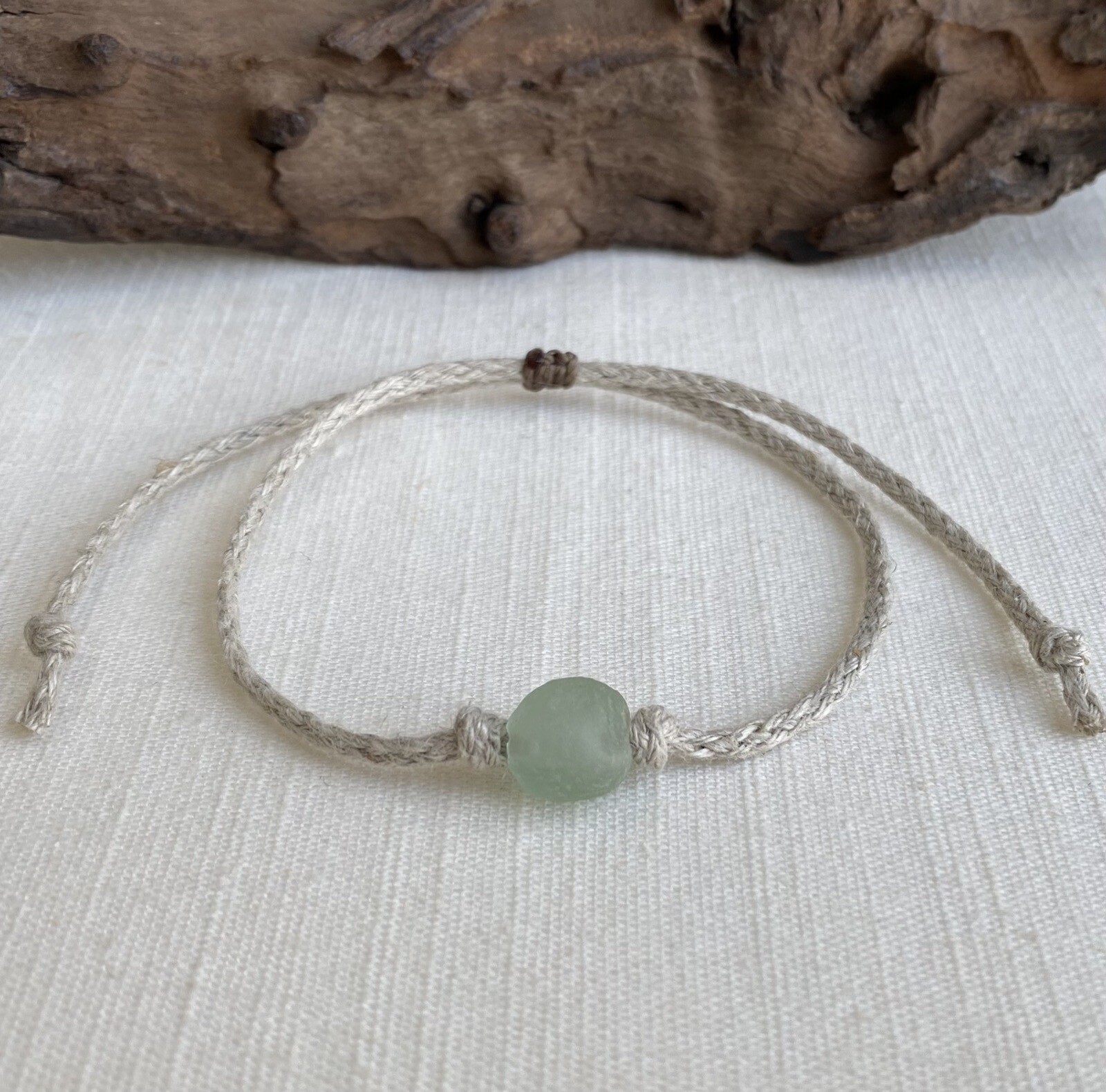 Organic Natural Hemp Anklet Sea Green Recycled Glass Bead Adjustable Sea Glass