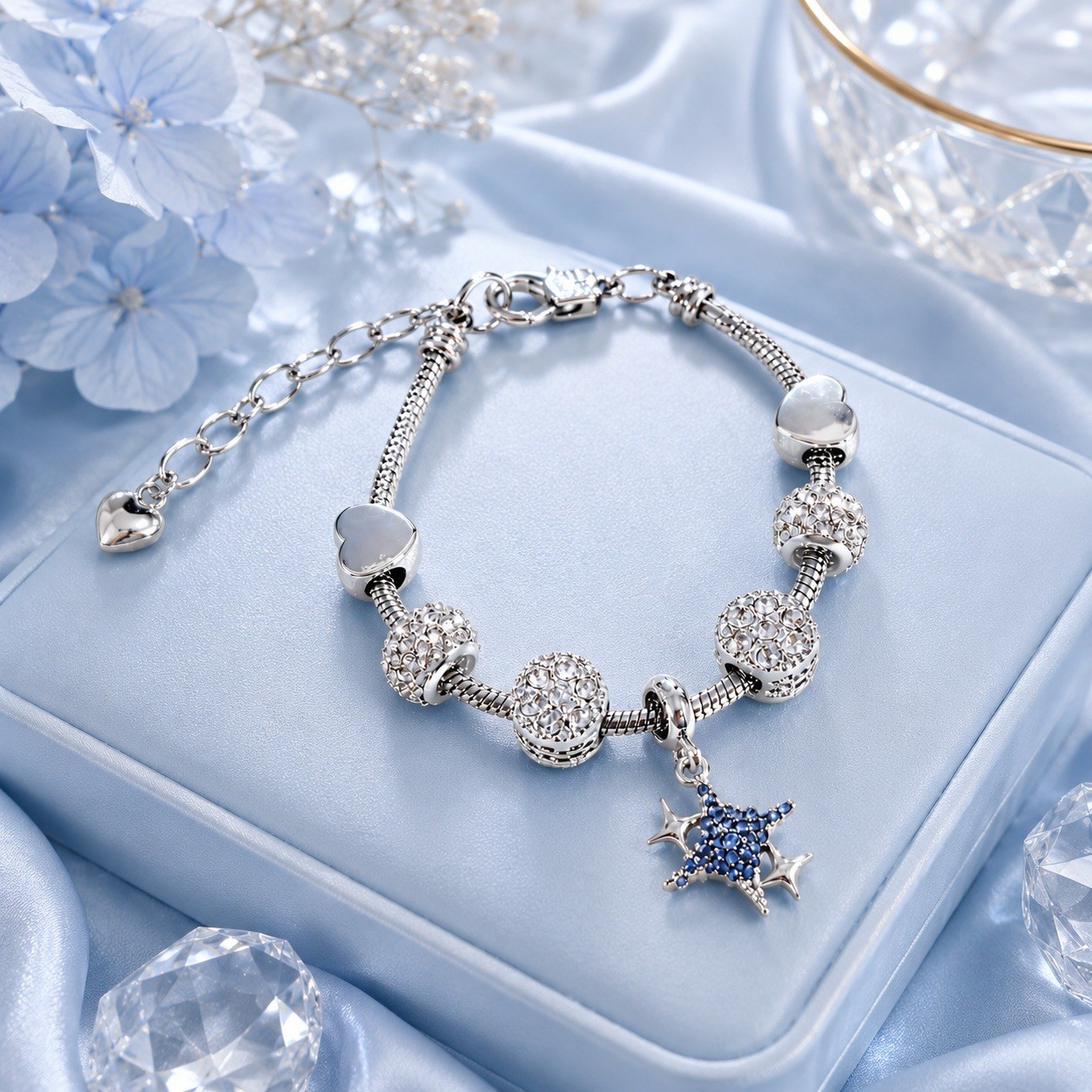 Silver Tone Blue Star Dangle Charm Pavé Crystal Adjustable Bracelet