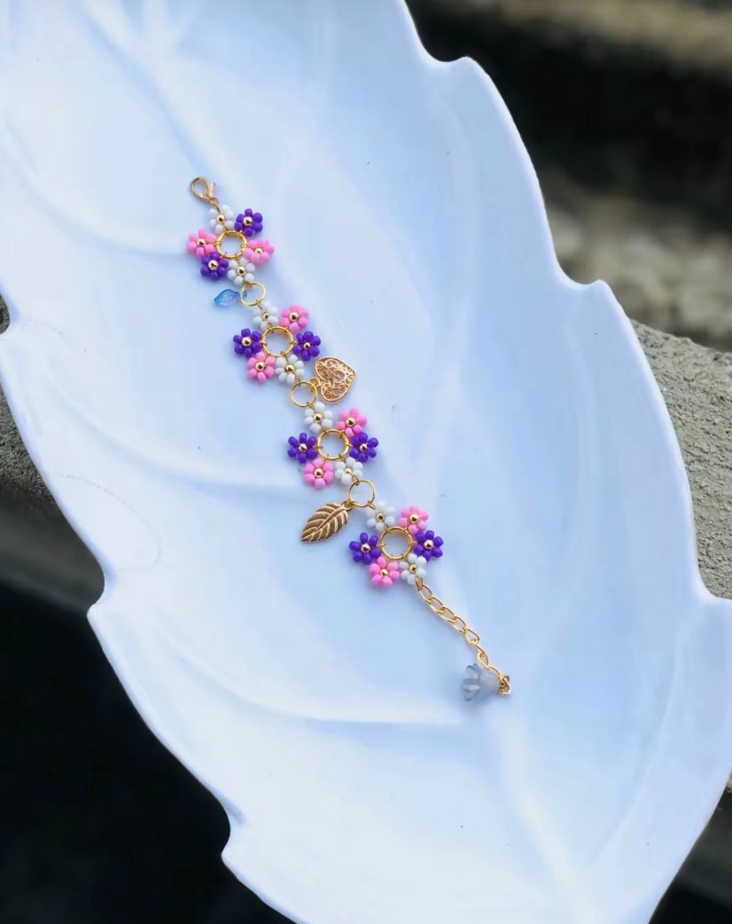 Multicolor Flower Beaded Adjustable Colorful Charm Bracelet Women Girls Gift