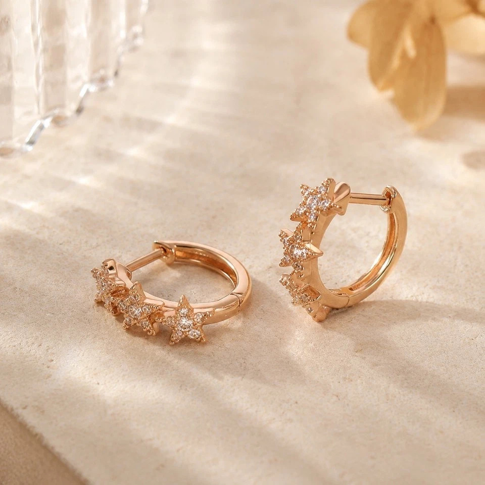 3ct Round Simulated Diamond Stunning Star Hoop Earrings 14k Yellow Gold Plated
