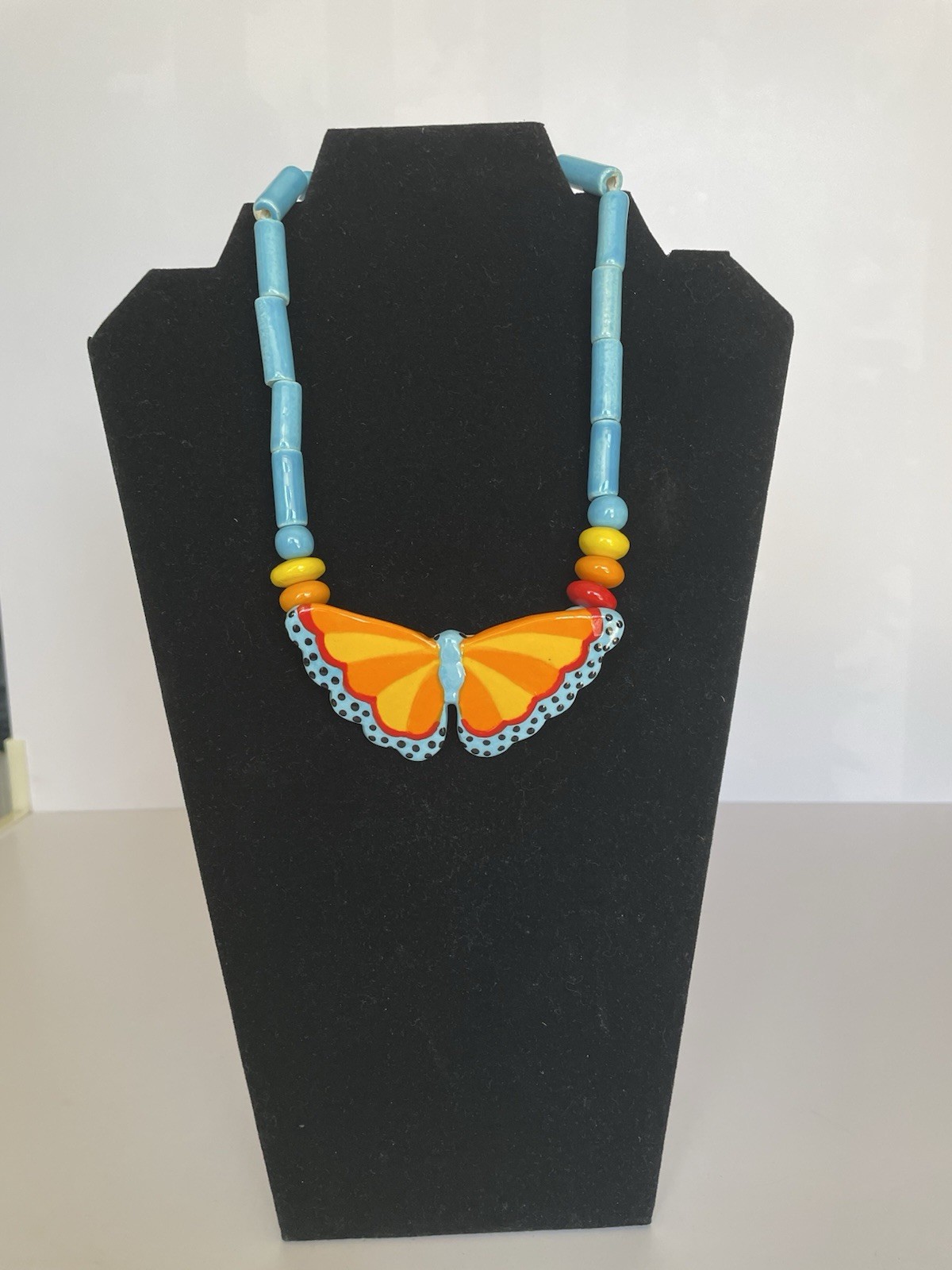Vintage Parrot Pearls Blue, Orange , Yellow, Ceramic Beaded Butterfly Necklace