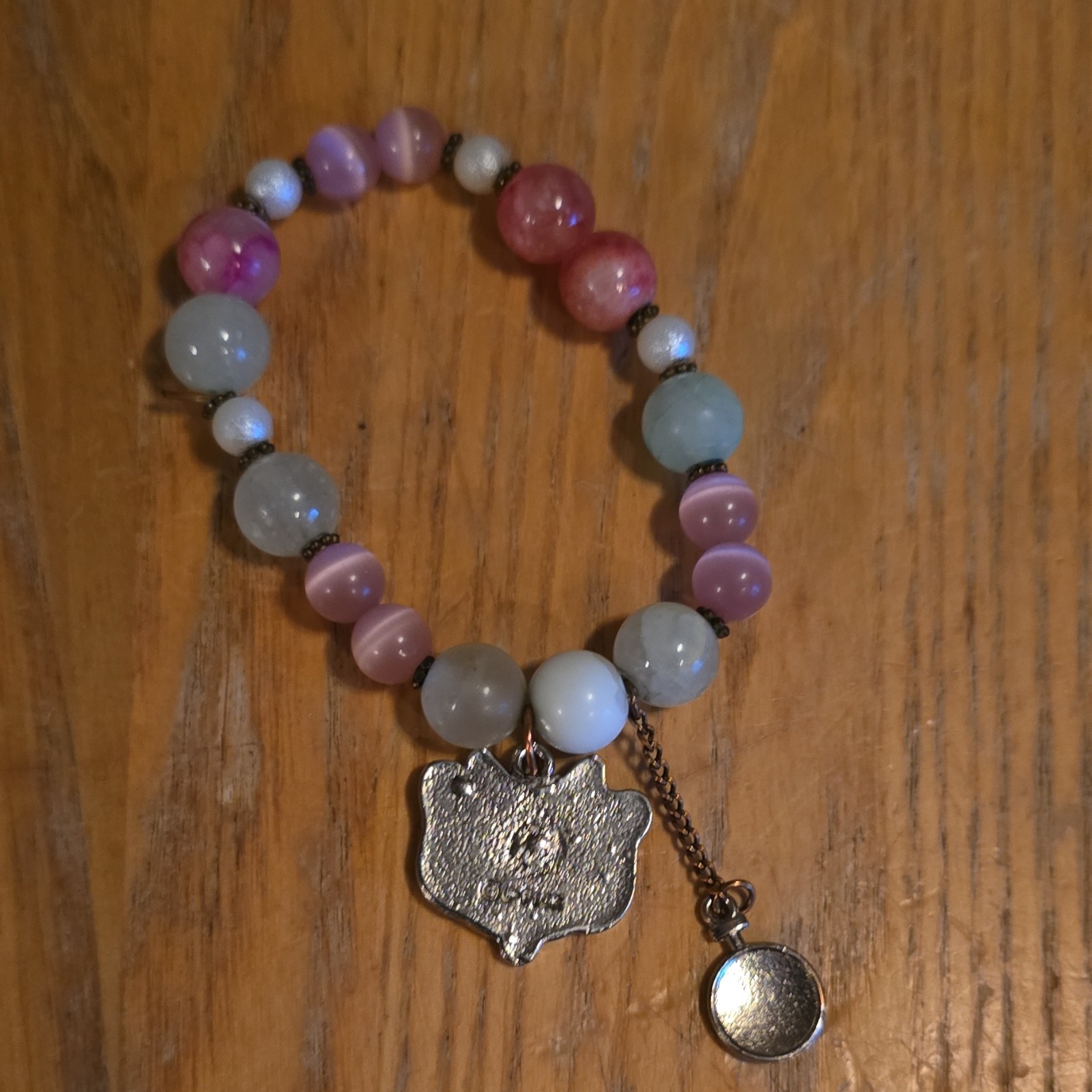 Signed Multicolor Beaded Charm Bracelet Pink & Blue Beads Cat Face Clock Dangle
