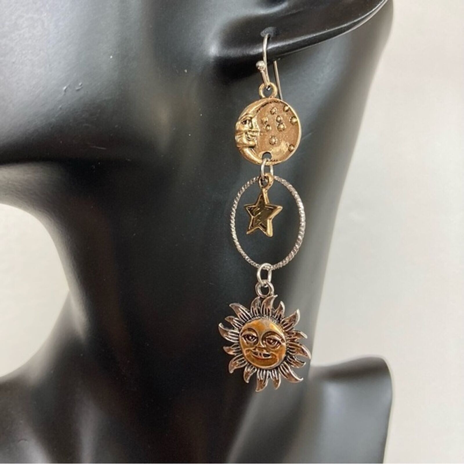 Sun & Moon Earrings, Star, Asymmetrical, Unique, Mixed Metal, Brass, Antiqued