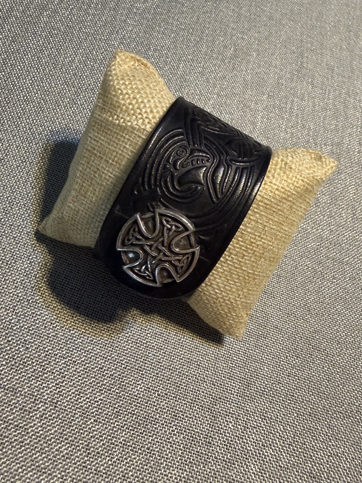 Black Leather Wrist Snap Cuff Silver Tone Celtic Shield Concho Embossed Ren Fair