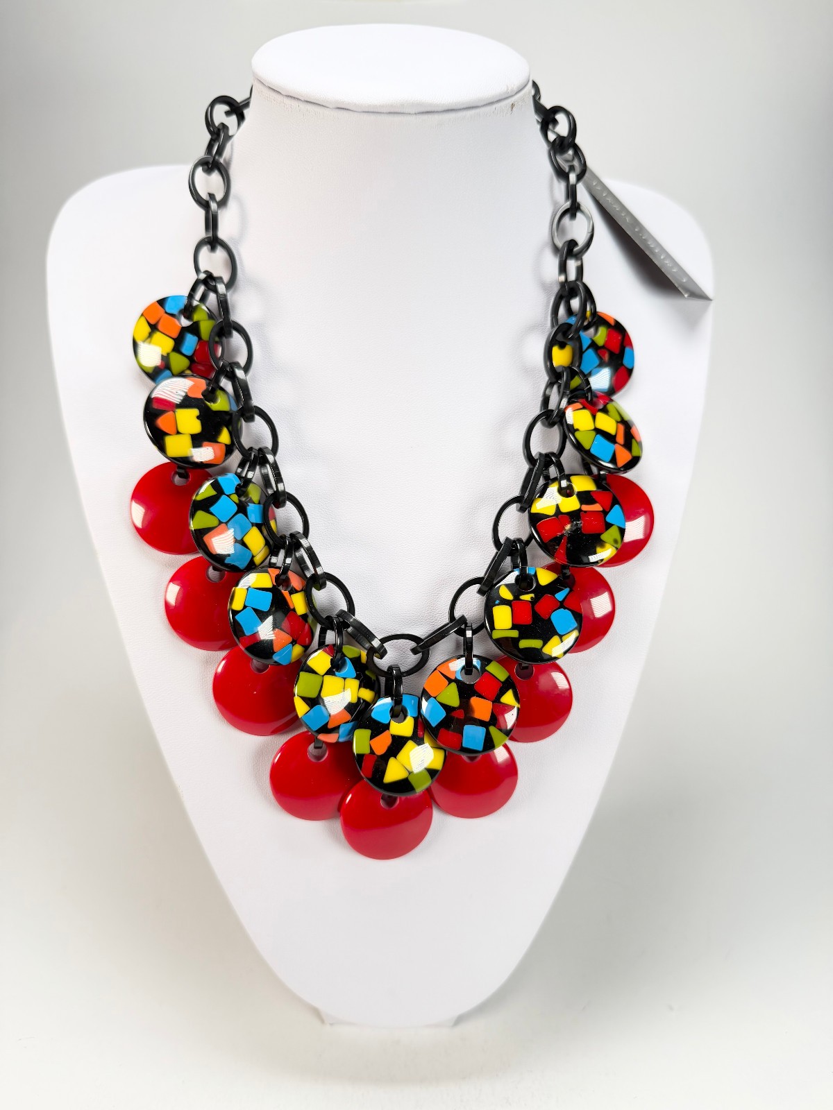 Marion Godart – Confetti “Dual Disque” Art-Deco x Red Mix Resin Necklace