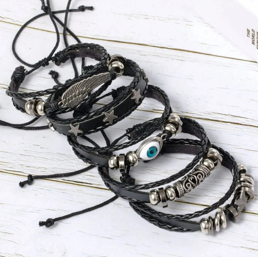 5pcs Punk Style Braided Bracelet Set – Wing & Star Design Leather Wristbands