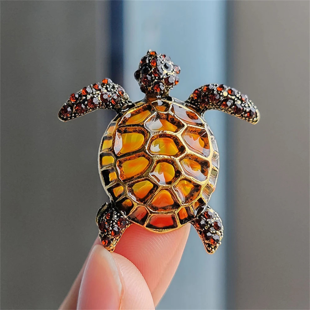 Enamel Turtle Brooch Female Rhinestone Marine Animal Brooches for Women and Men
