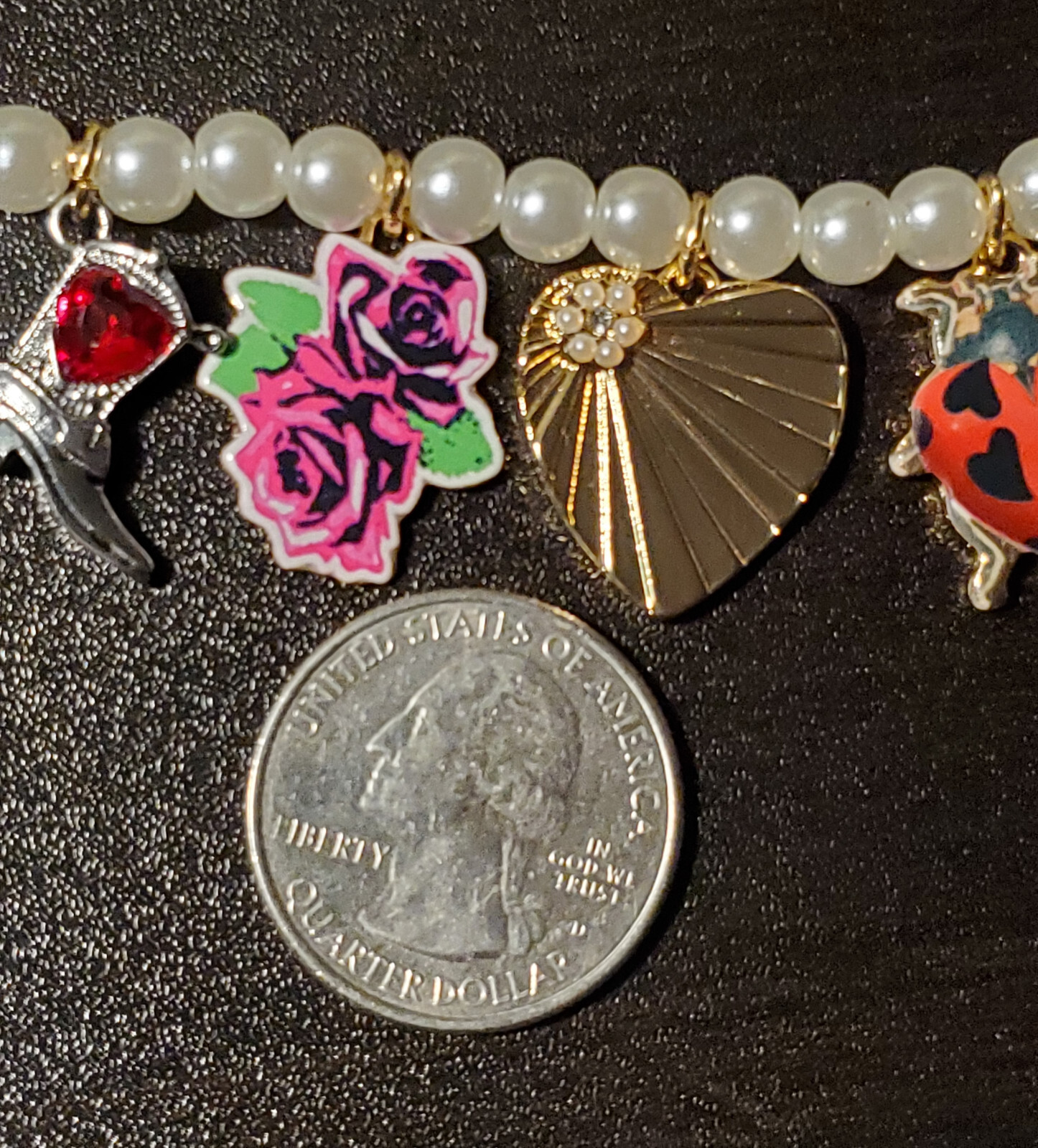 Chic Betsey Johnson Faux Pearl Necklace w/ 7 Charms – Nature and Beauty Theme