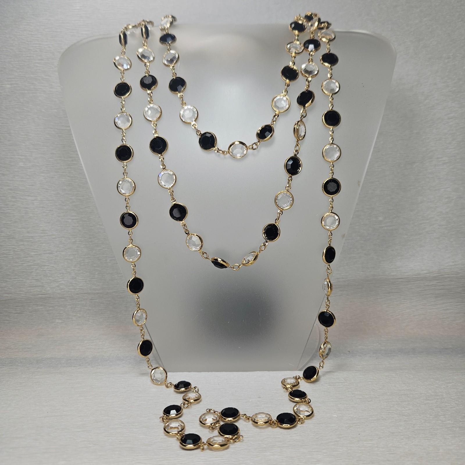 2 Bezel Set Open Back Crystal Necklaces Black Clear Gold 36″ Each 11mm Crystals