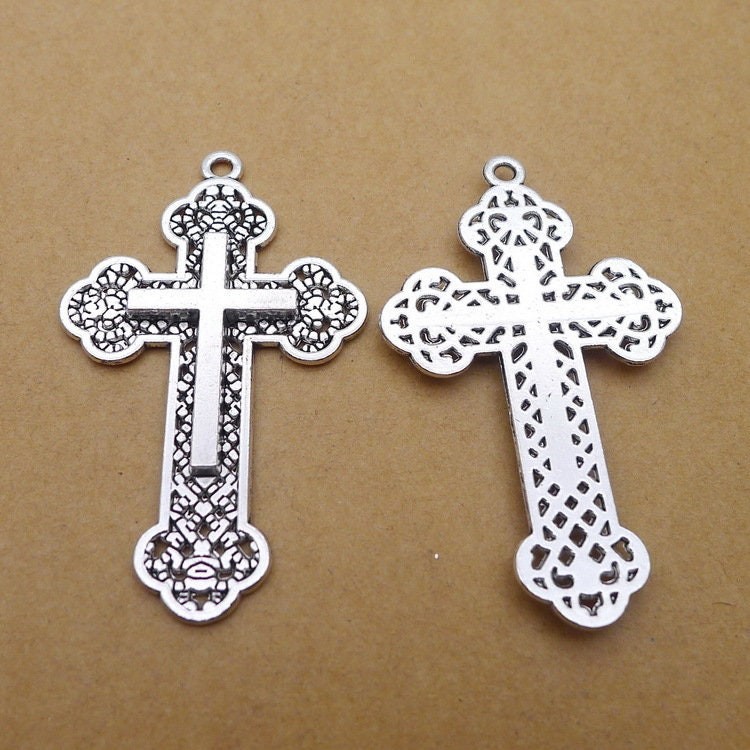 6/15PCS Antique Silver Tone Large Cross Charm Pendant, Filigree Religious JHS23