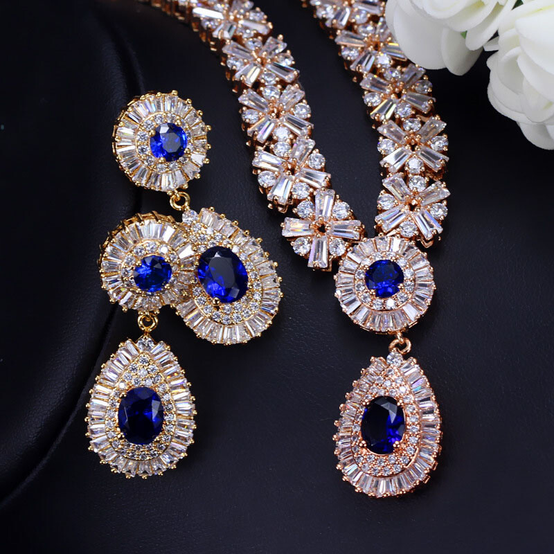 Luxury Bridal Green CZ Crystal Wedding Gold Plated Necklace Earrings Jewelry Set