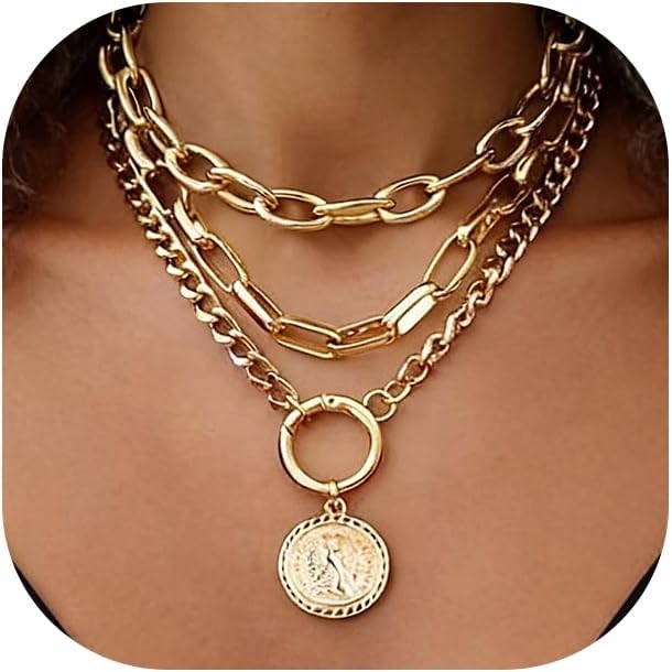 iF YOU Vintage Gold Layered Necklaces for Women Trendy, Chunky Cuban Link Paperc