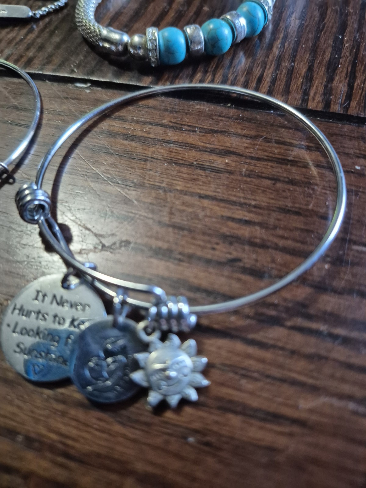 Silver Tone Beaded Charm Bracelet w/ Blue Beads & Engraved Dangle Bar
