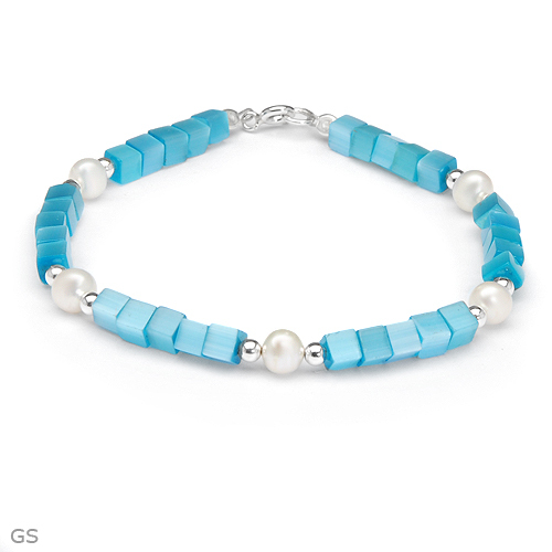 Ladies Created Cats eye & 6.0mm freshwater Pearl Bracelet in 925 Sterling Silver