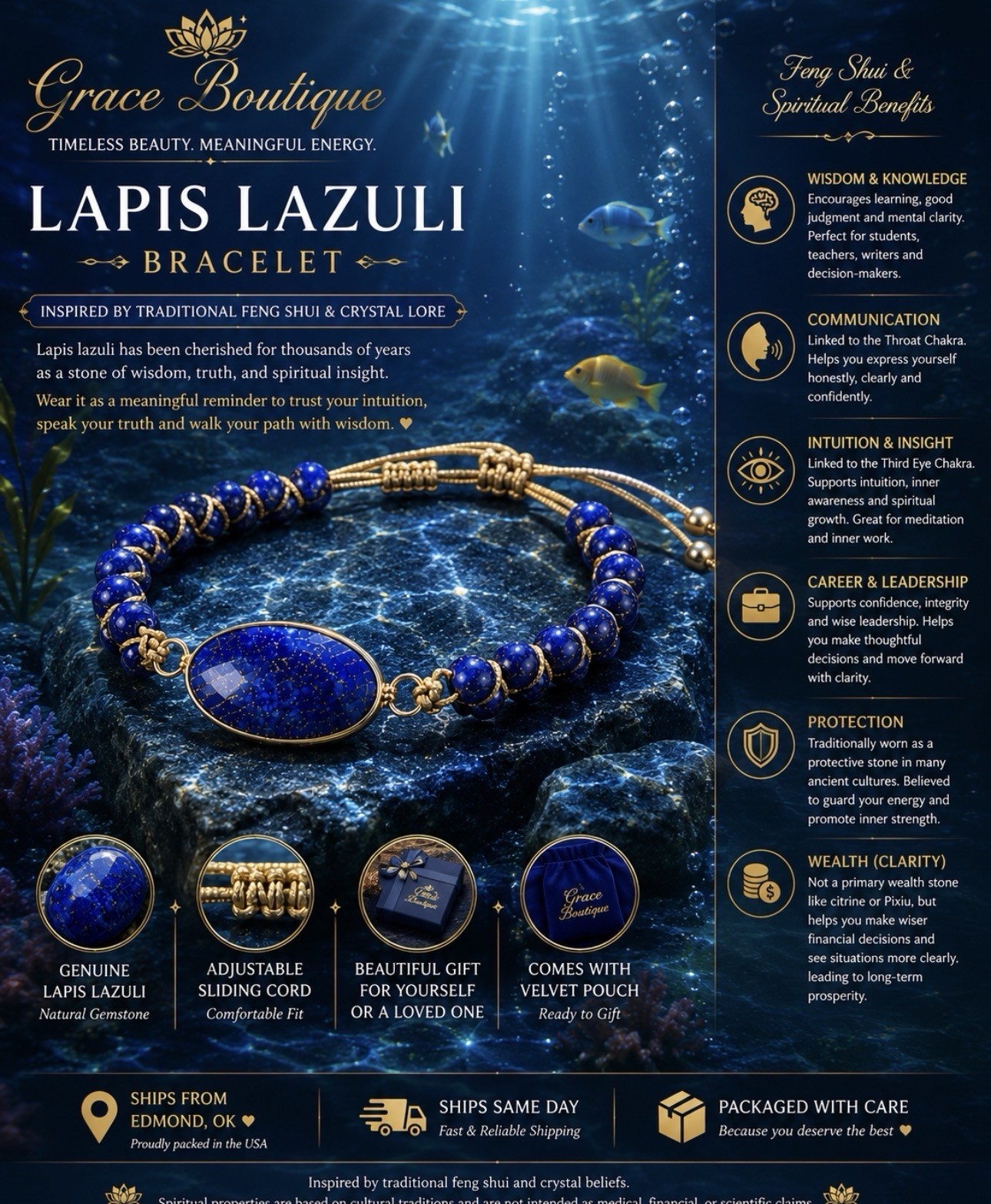 Grace Boutique Blue Lapis Lazuli Beaded Bolo Bracelet, Adjustable Oval Bezel