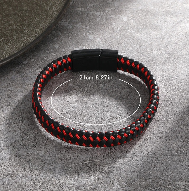1pcs Black Braided Leather Bracelet for Men with Stainless Steel Magnetic Clasp