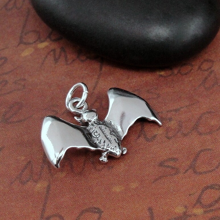 925 Sterling SIlver Flying Bat Charm – Halloween Bat Pendant – Halloween Charm