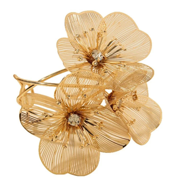 Retro Rhinestone Flower Cuff Bracelet for Women Open Bangle Hollow Floral
