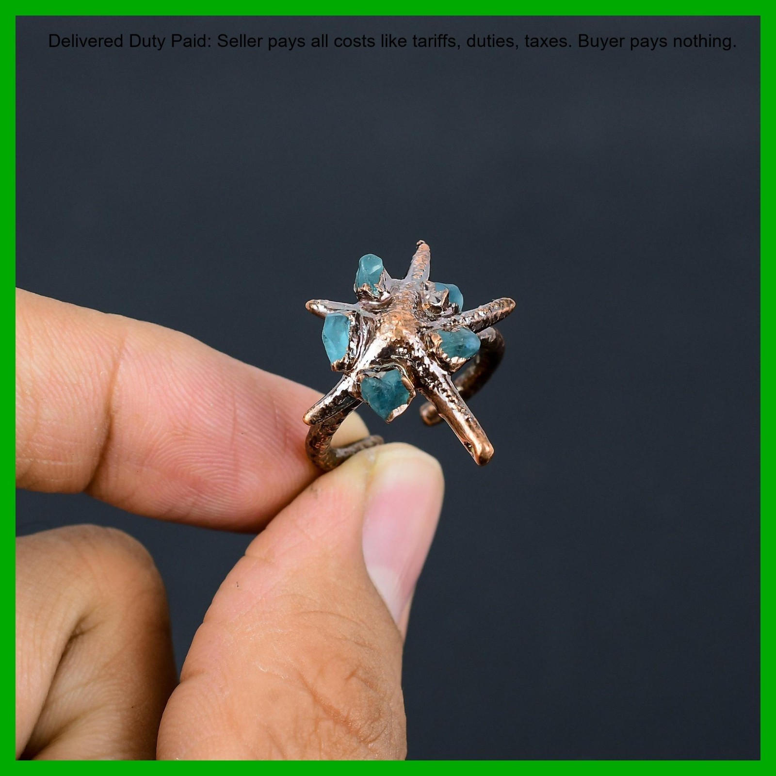 Pentagon Aquamarine Rough Stone New Electroformed Engagement Ring Jewelry Copper