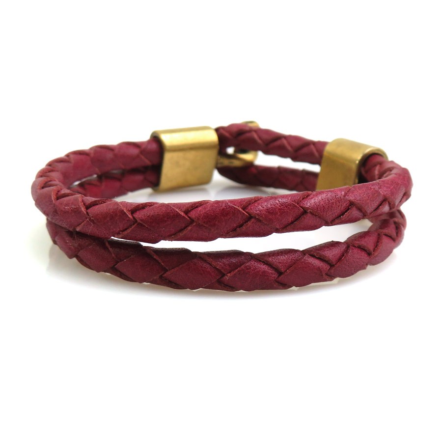 Auth SAINT LAURENT Bracelet Bordeaux/Gold Leather/Metal – r11338a