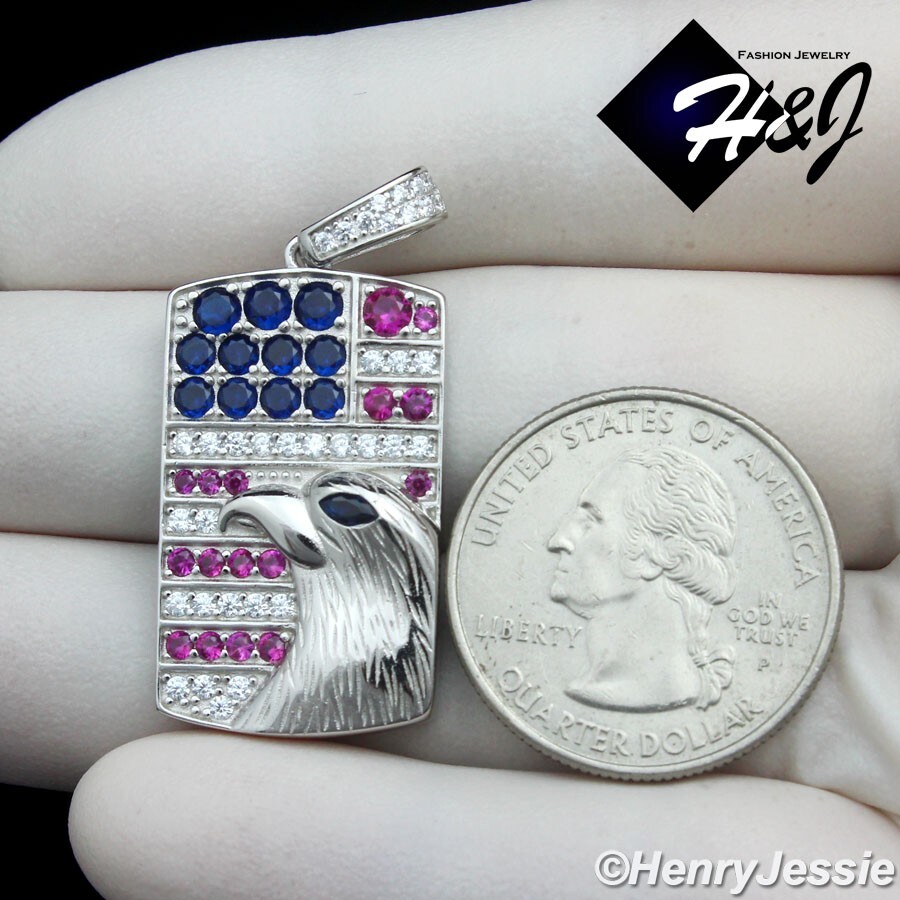 MEN SOLID 925 STERLING SILVER ICY BLING CZ 3D EAGLE DOG TAG CHARM PENDANT*SP465