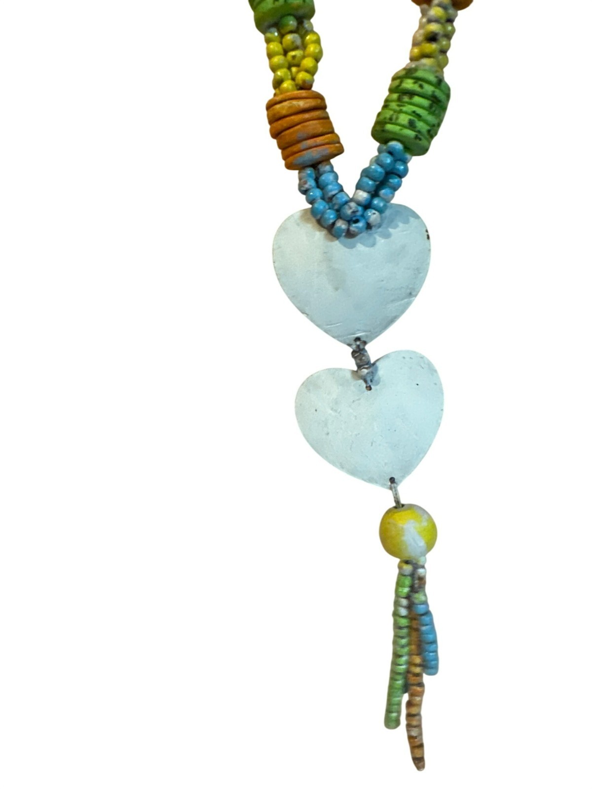 Handcrafted Colorful Beaded Necklace Heart Pendant Tassel Rustic Shabby Chic