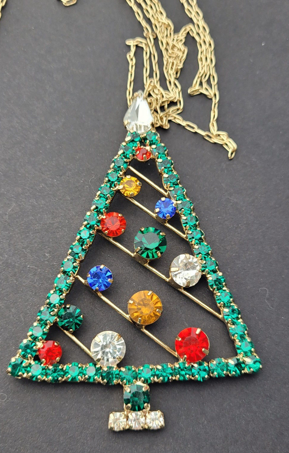 Large Rhinestone Christmas Tree Pendant Necklace Extra Long Chain 35″