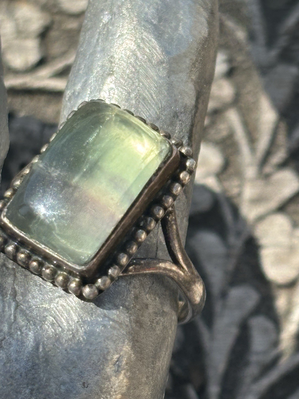 Handmade sterling silver bezel set rectangular fluorite gemstone ring size 10