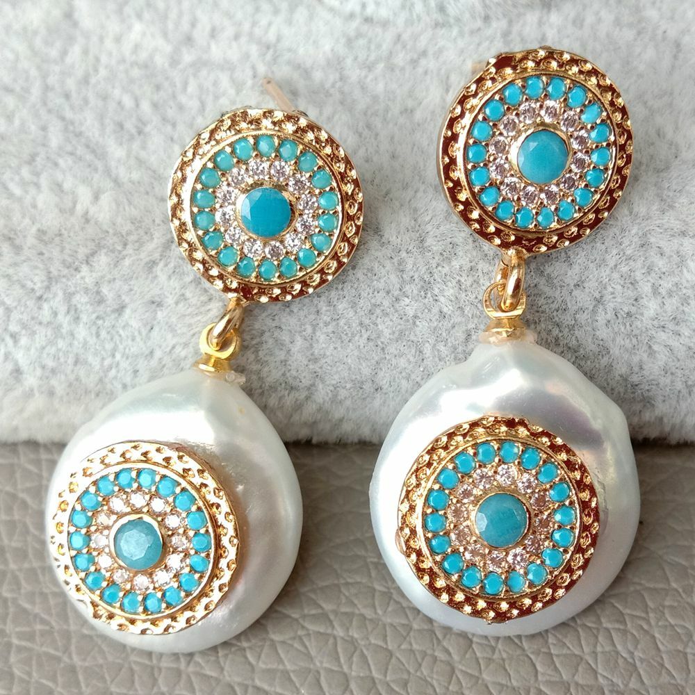 Cultured White Coin Pearl Blue Cz pave Stud Earrings