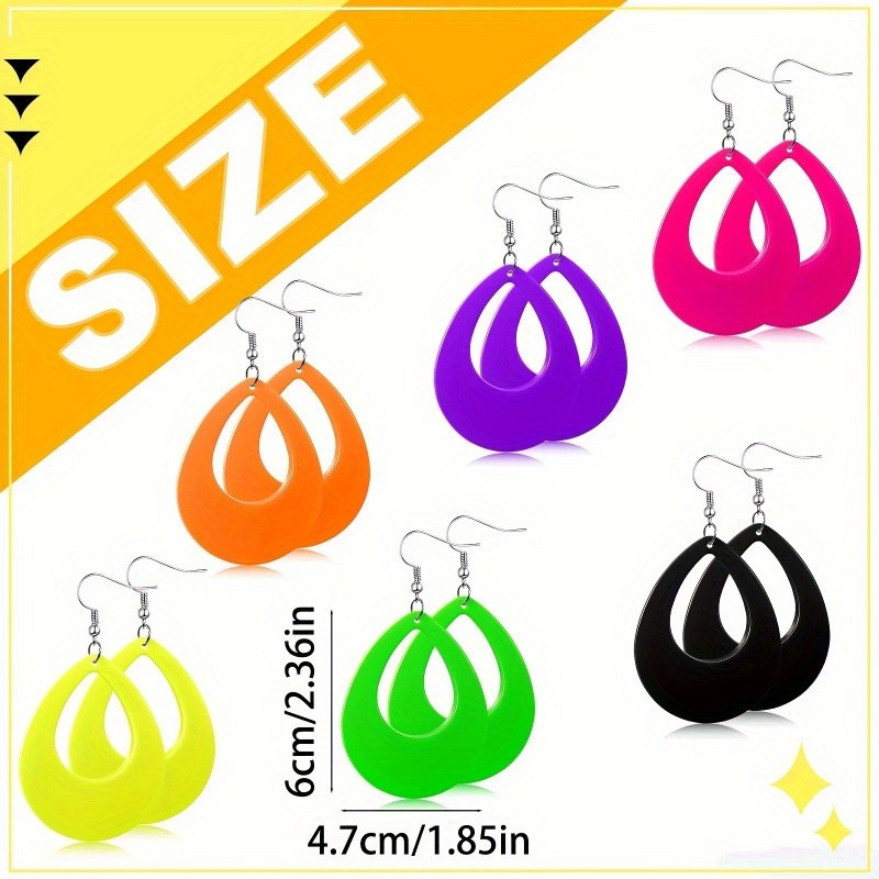 6 Pairs of Neon-themed Party Pendant Earrings, Teardrop-shaped Earrings