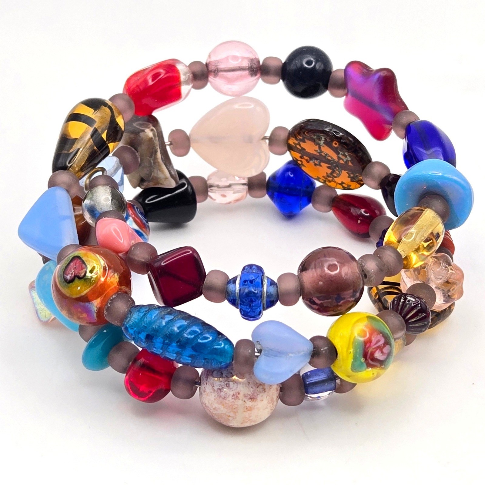 Set of 2 Multi Color Glass Bead Memory Wire Wrap Bracelets Boho Eclectic Style