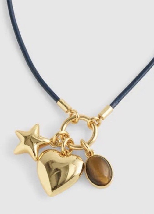 Madewell Tiger Eye Charm Cord Necklace – 24-27in – Leather, Brass, Heart NWT