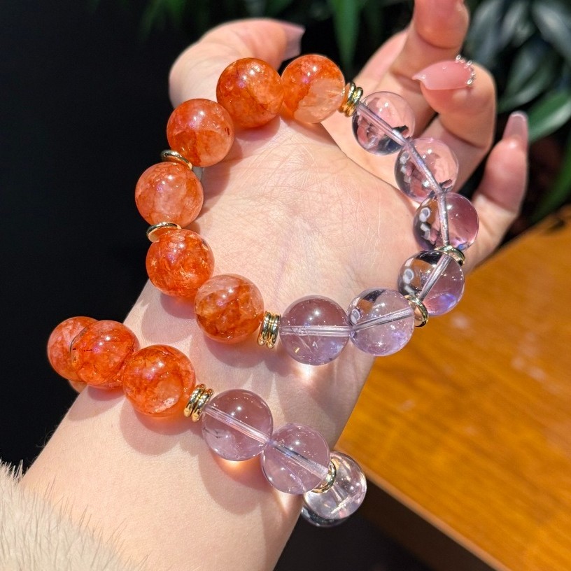 15mm Natural Amethyst red phantom quartz Handmade Bracelet a pce