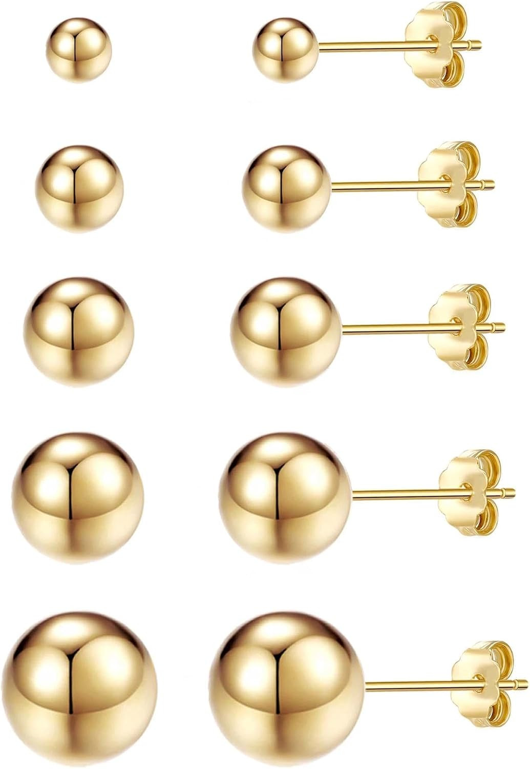 5 Pairs Stud Earrings for Women 14K Silver Gold Plated Studs 3-7MM Hypoallergeni